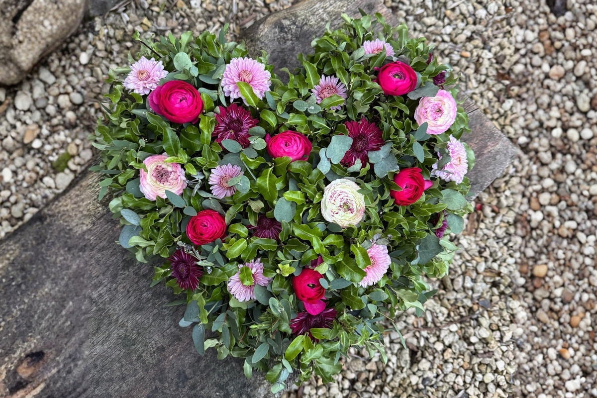 Flower filled funeral heart tribute with ranunculus and chrysanthemum, fully compostable, Tunbridge Wells.
